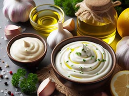 Un bol lleno de mayonesa junto a otro bol lleno de salsa alioli, Junto a un bote de aceite, ajo, limón y perejil